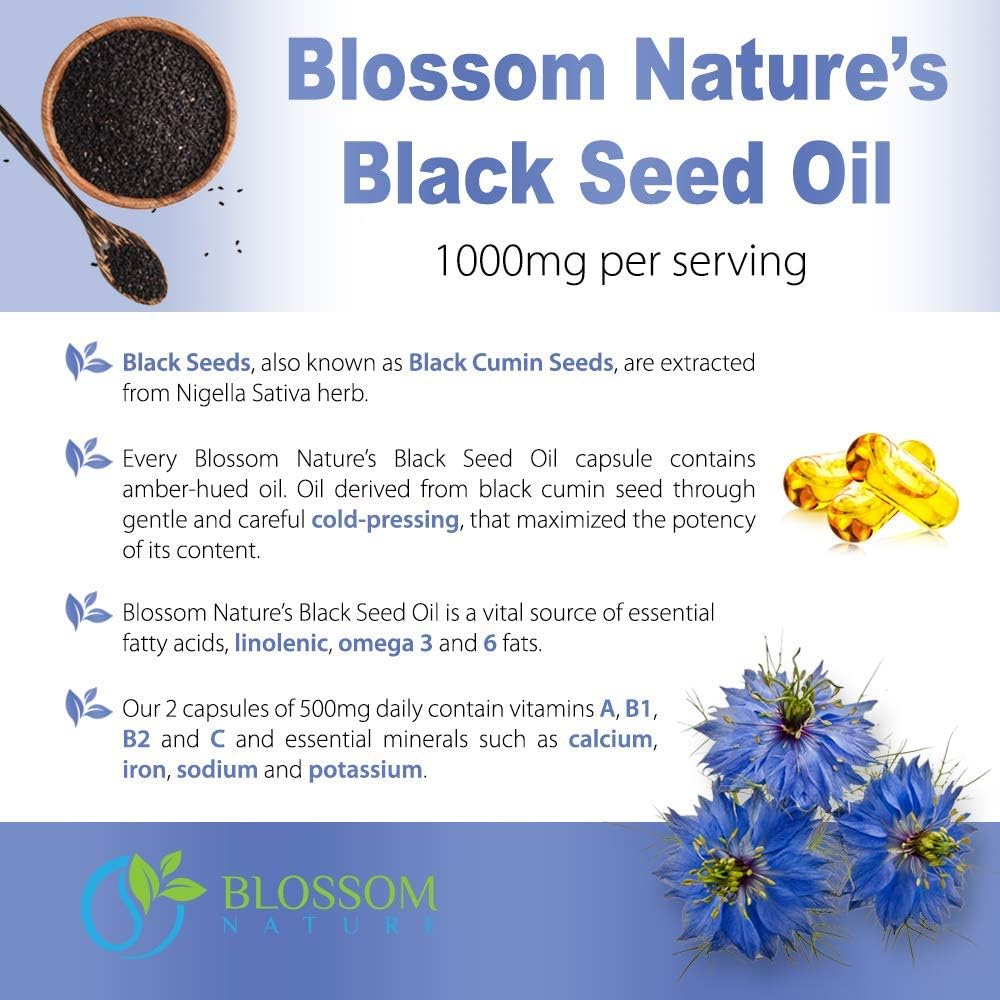 Premium Blossom Nature Black Seed Oil Capsules 1000mg - Cold Pressed Nigella Sativa Oil Pills - 120 Cap - 2 Month Supply