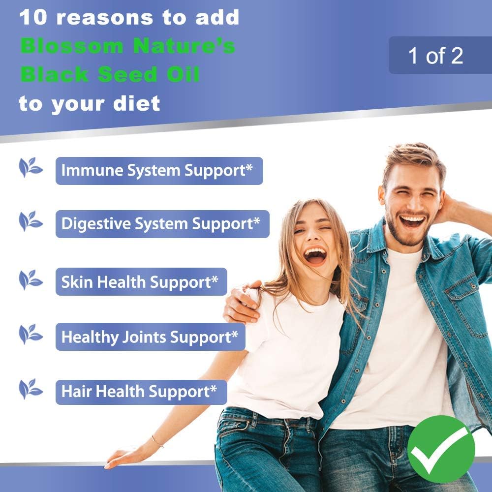 Premium Blossom Nature Black Seed Oil Capsules 1000mg - Cold Pressed Nigella Sativa Oil Pills - 120 Cap - 2 Month Supply