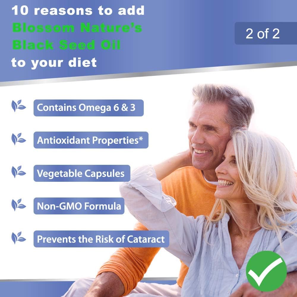 Premium Blossom Nature Black Seed Oil Capsules 1000mg - Cold Pressed Nigella Sativa Oil Pills - 120 Cap - 2 Month Supply