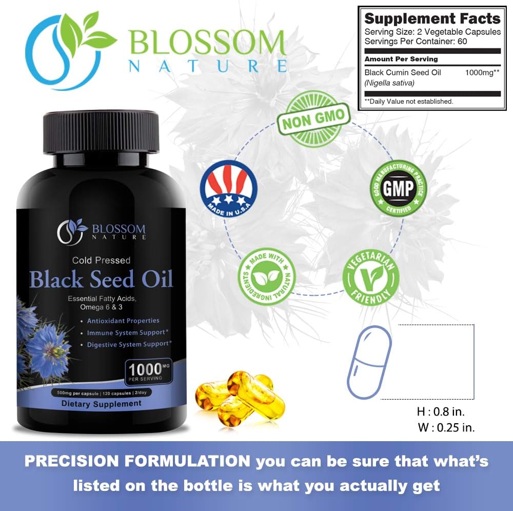 Premium Blossom Nature Black Seed Oil Capsules 1000mg - Cold Pressed Nigella Sativa Oil Pills - 120 Cap - 2 Month Supply
