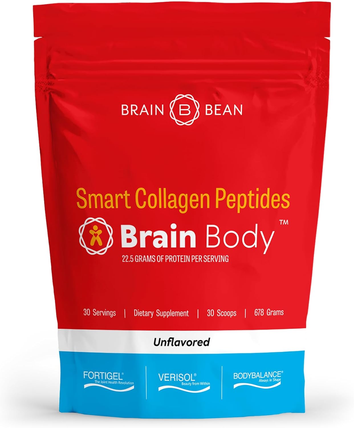 Premium Brain Bean Collagen Peptides Powder - Unflavored Supplement for Skin, Muscle, Joints - Men, Women - 30 Servings - 678g - 22g Protein