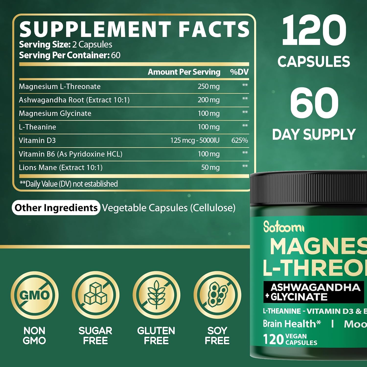 Premium Brain Health Supplement with Magnesium L-Threonate, Ashwagandha, Lions Mane, and More - 120 Capsules for Memory and Cognitive Function