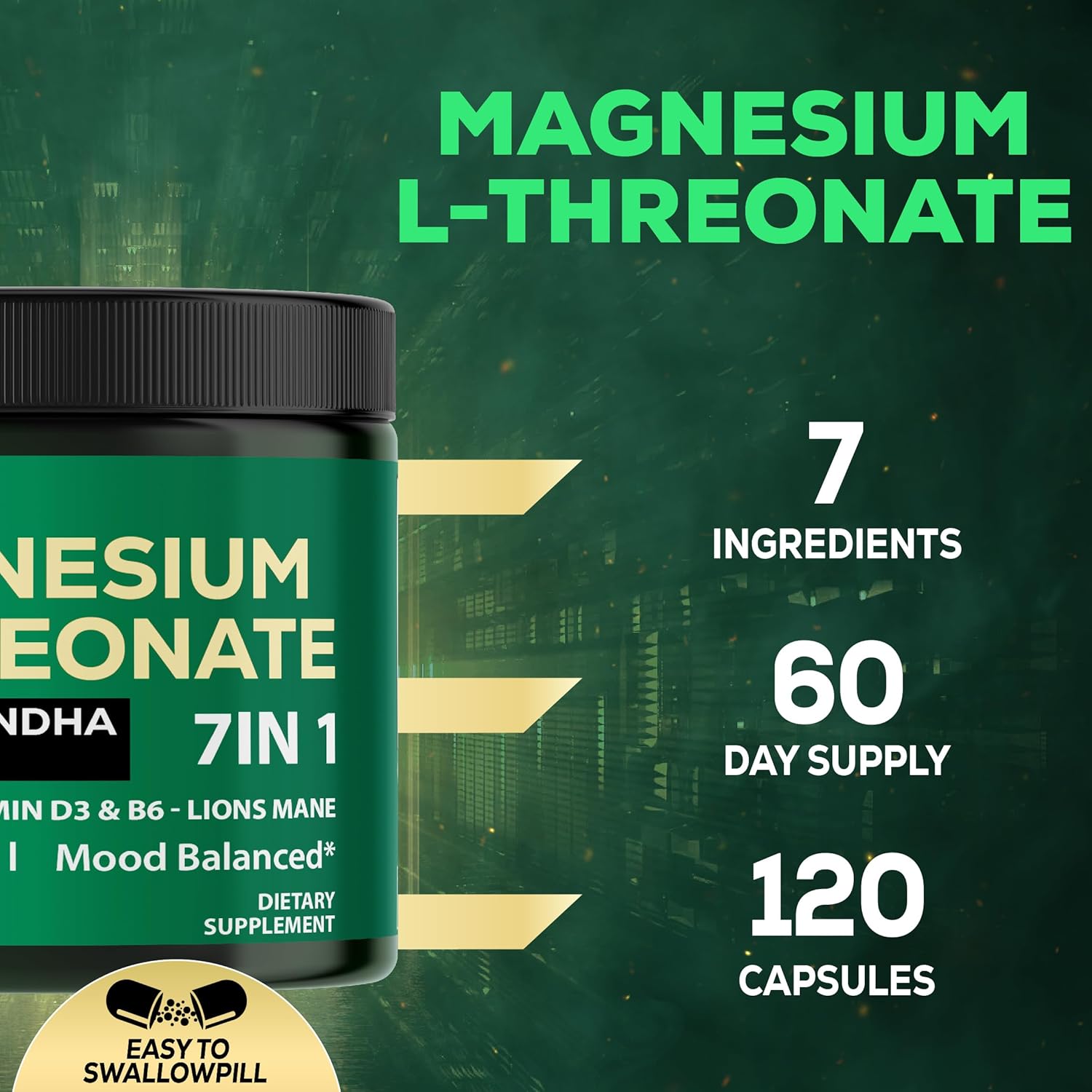 Premium Brain Health Supplement with Magnesium L-Threonate, Ashwagandha, Lions Mane, and More - 120 Capsules for Memory and Cognitive Function