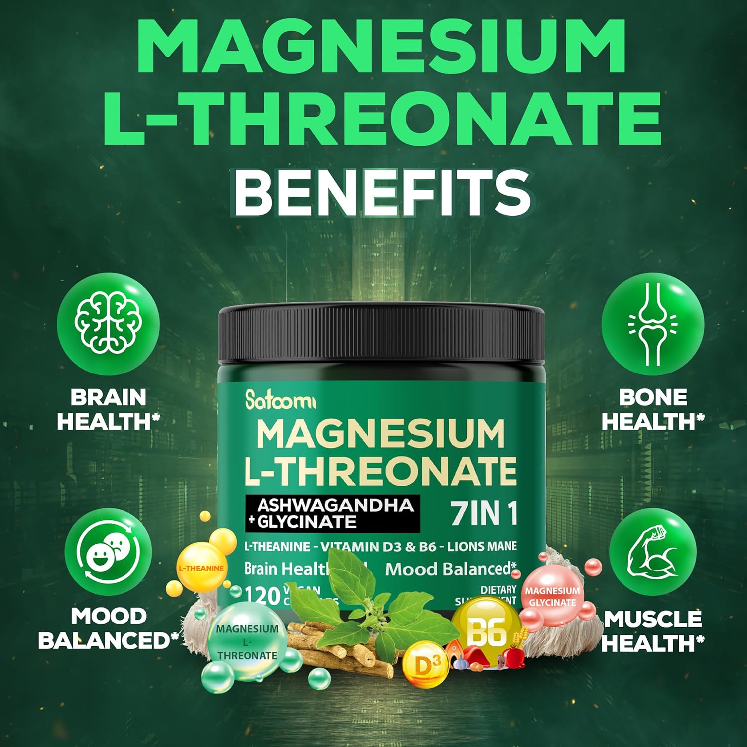 Premium Brain Health Supplement with Magnesium L-Threonate, Ashwagandha, Lions Mane, and More - 120 Capsules for Memory and Cognitive Function