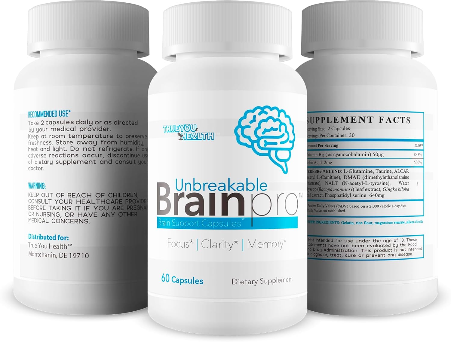 Premium Brain Support Supplement for Memory and Focus - Natural Brain Health for Women & Men - Unbreakable Brain Pro - True You Health Brain Support