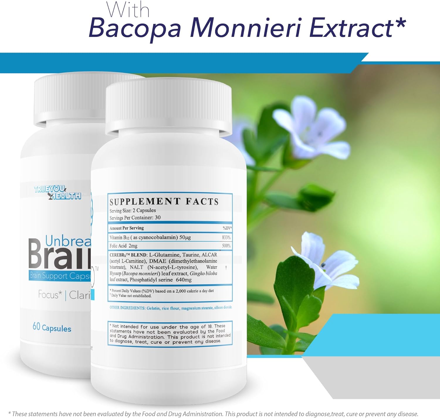 Premium Brain Support Supplement for Memory and Focus - Natural Brain Health for Women & Men - Unbreakable Brain Pro - True You Health Brain Support