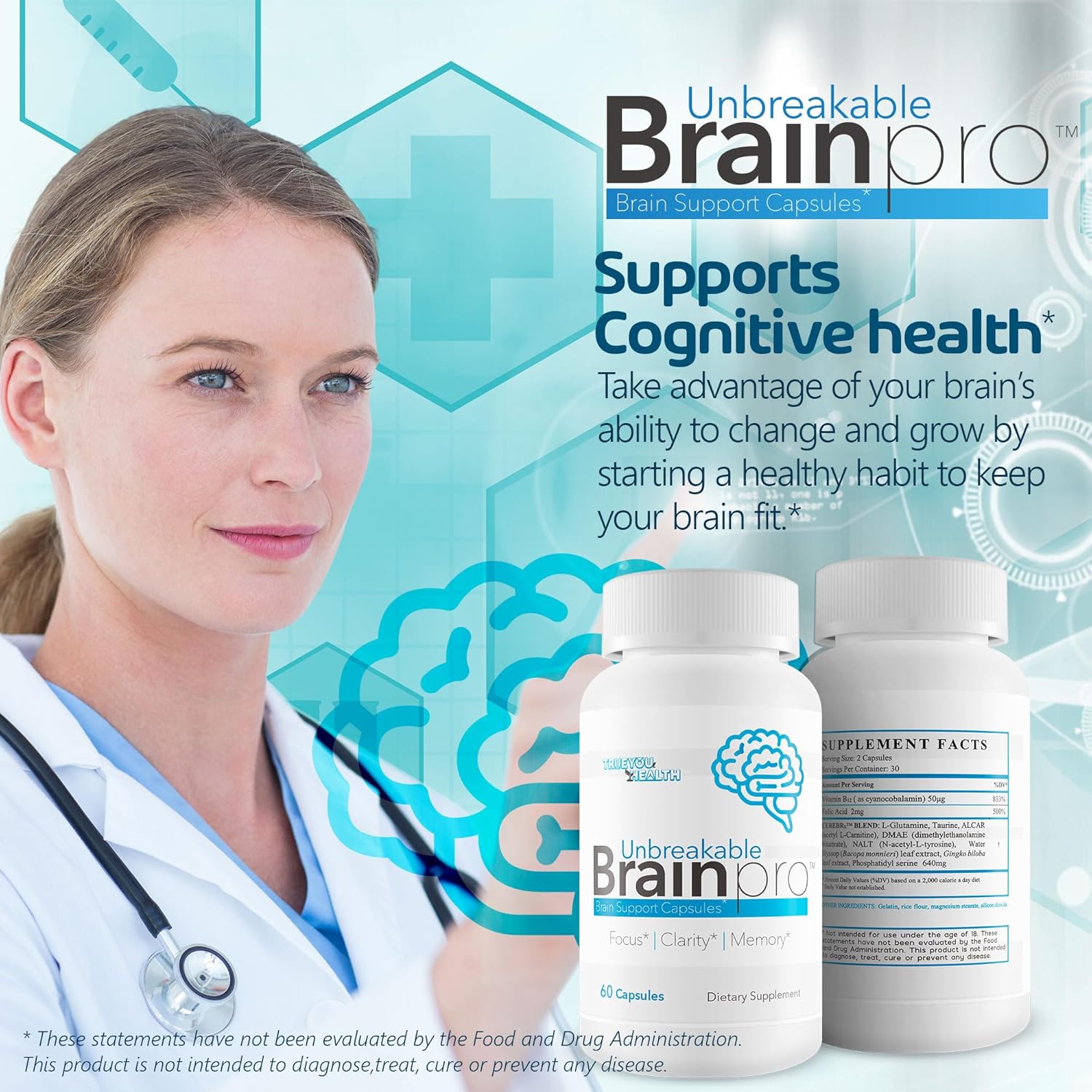 Premium Brain Support Supplement for Memory and Focus - Natural Brain Health for Women & Men - Unbreakable Brain Pro - True You Health Brain Support