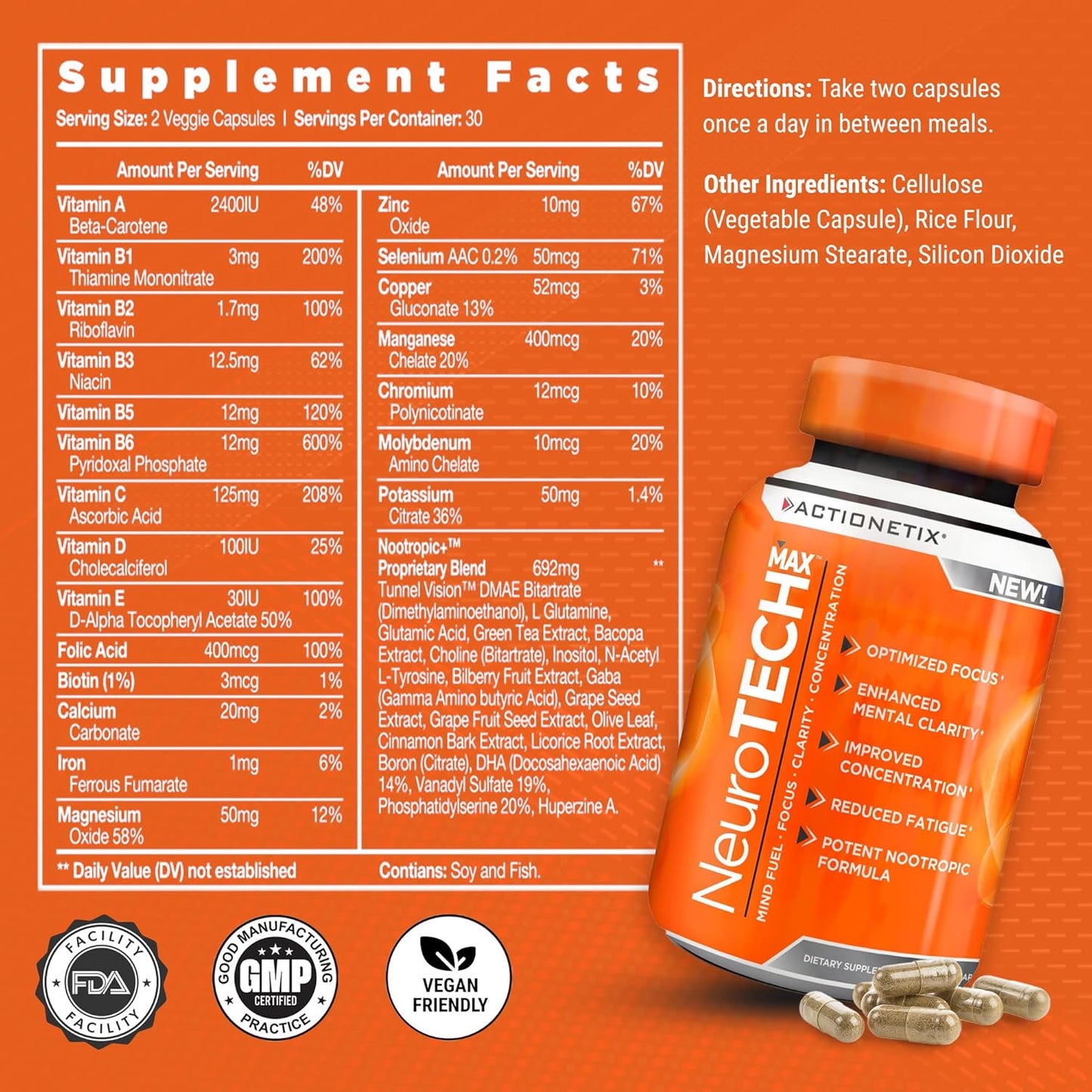 Premium Caffeine-Free Brain Supplements for Memory, Focus & Athletic Performance - NeuroTech MAX Formula with DMAE, Bacopa & Huperzine