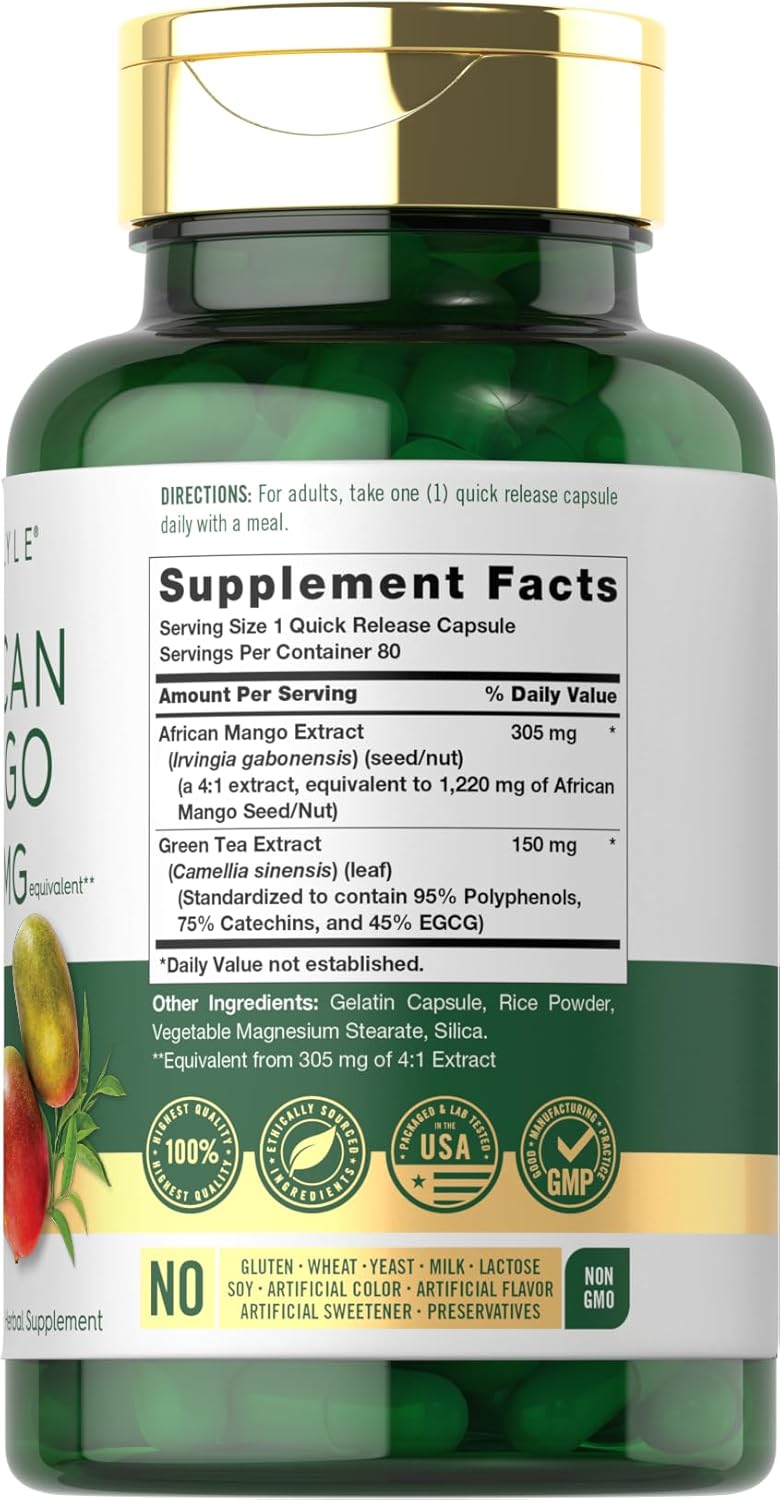 Premium Carlyle African Mango Supplement 1220mg | 80 Capsules | Enhanced with Green Tea Extract | Non-GMO, Gluten Free