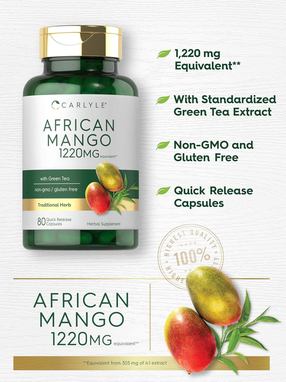 Premium Carlyle African Mango Supplement 1220mg | 80 Capsules | Enhanced with Green Tea Extract | Non-GMO, Gluten Free