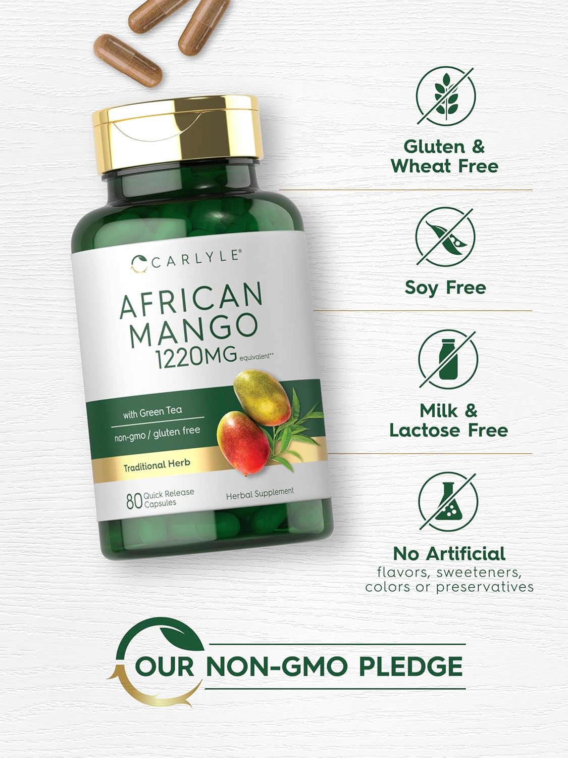 Premium Carlyle African Mango Supplement 1220mg | 80 Capsules | Enhanced with Green Tea Extract | Non-GMO, Gluten Free