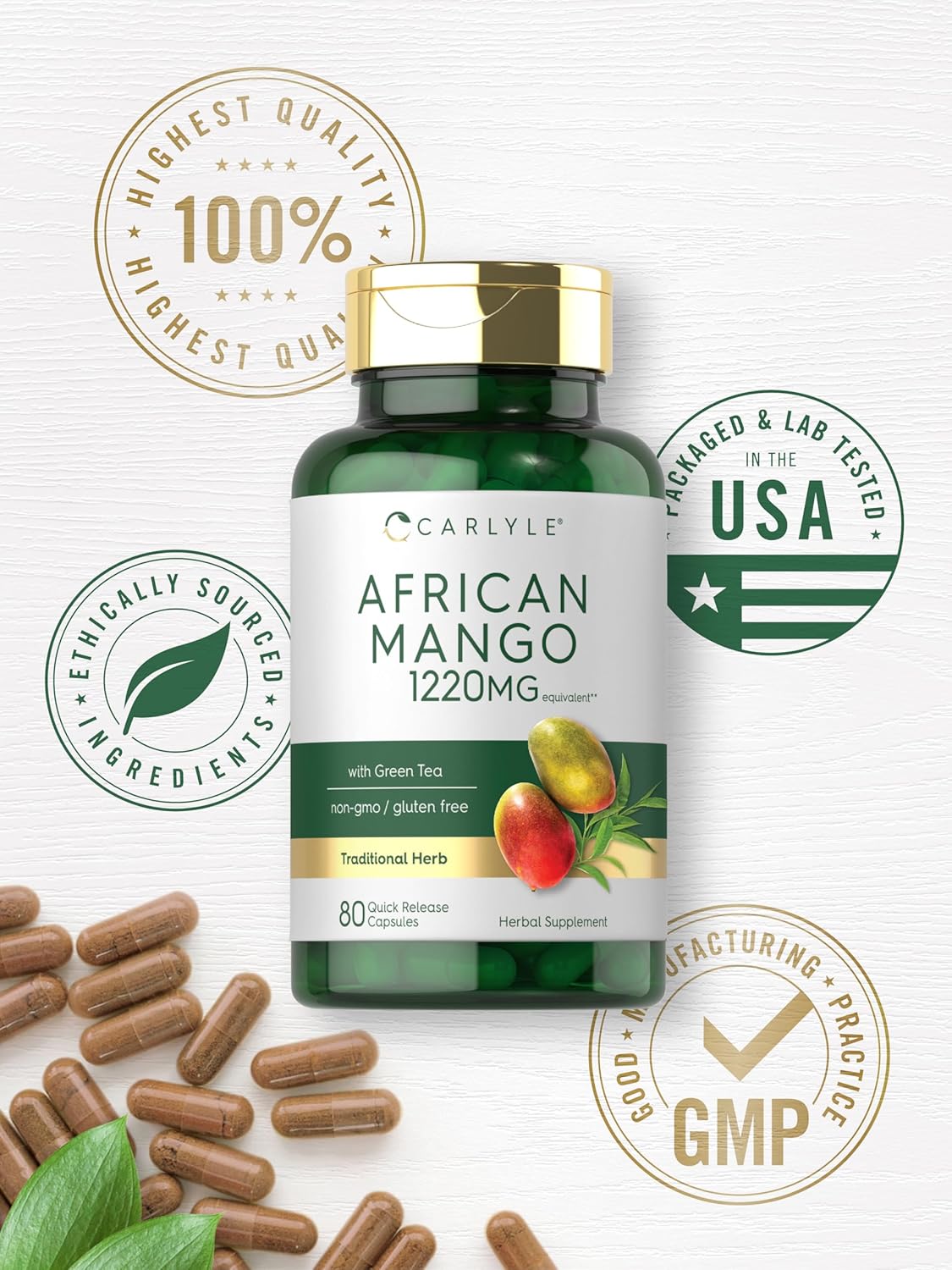 Premium Carlyle African Mango Supplement 1220mg | 80 Capsules | Enhanced with Green Tea Extract | Non-GMO, Gluten Free