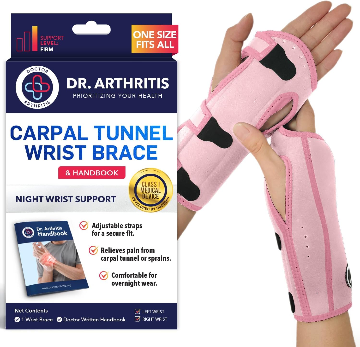 Premium Carpal Tunnel Night Wrist Brace by Dr. Arthritis - Adjustable Support with Comfort Padding (Pink)