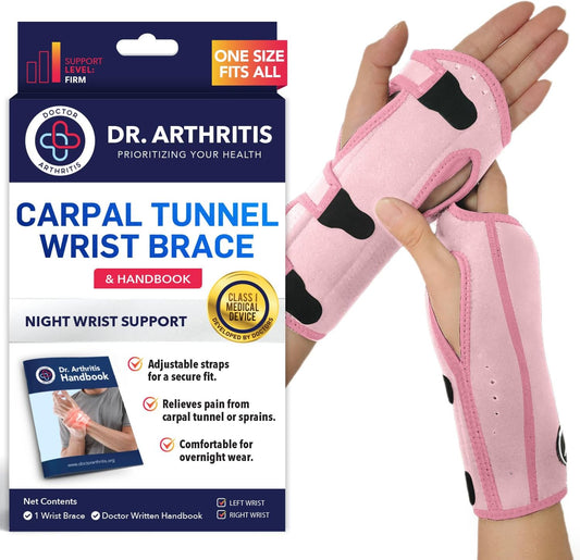 Premium Carpal Tunnel Night Wrist Brace by Dr. Arthritis - Adjustable Support with Comfort Padding (Pink)