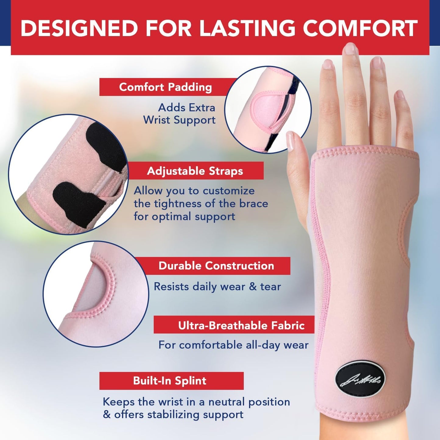 Premium Carpal Tunnel Night Wrist Brace by Dr. Arthritis - Adjustable Support with Comfort Padding (Pink)
