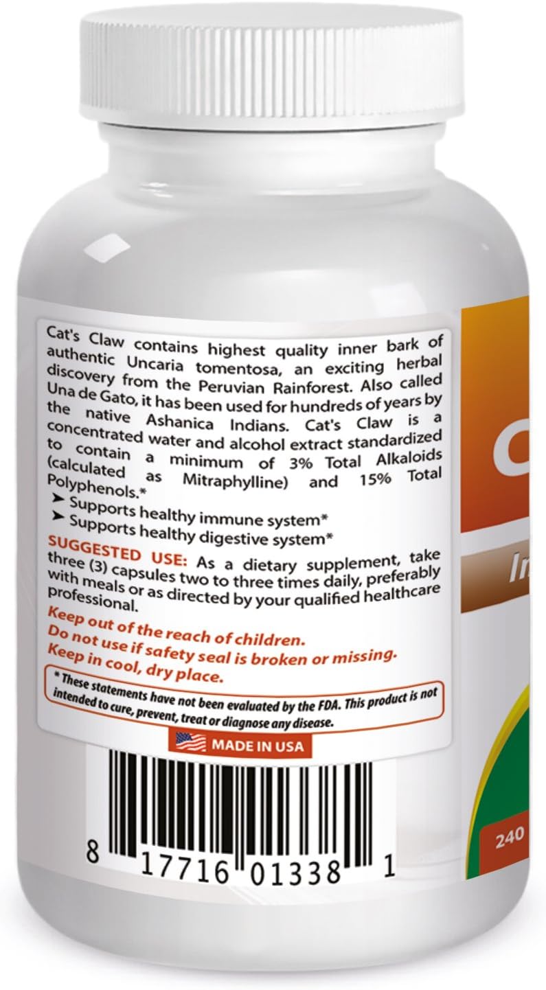 Premium Cat's Claw Capsules - 500 mg, 240 Count - Natural Immune Support Supplement