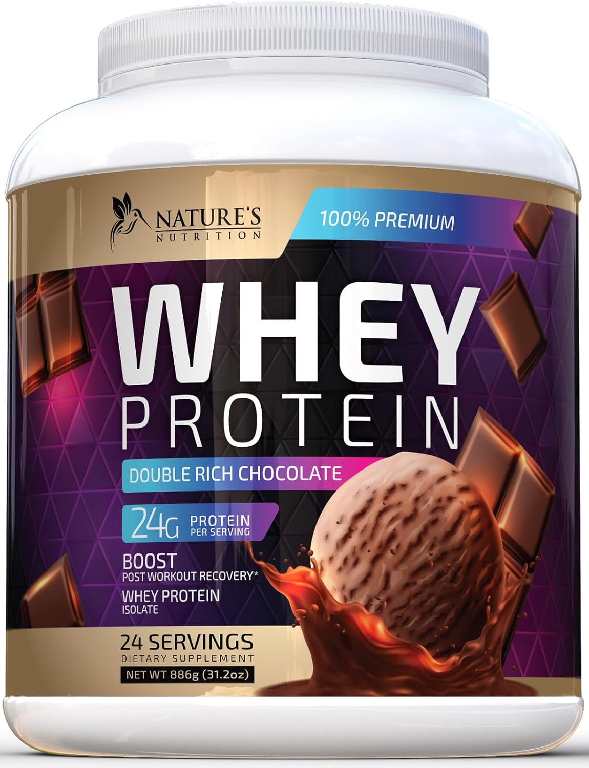 Premium Chocolate Ice Cream Whey Protein Powder - 24g Whey Isolate Protein for Muscle Growth, Fast Absorbing & Gluten Free - 24 Servings for Men and Women by Nature's Nutrition