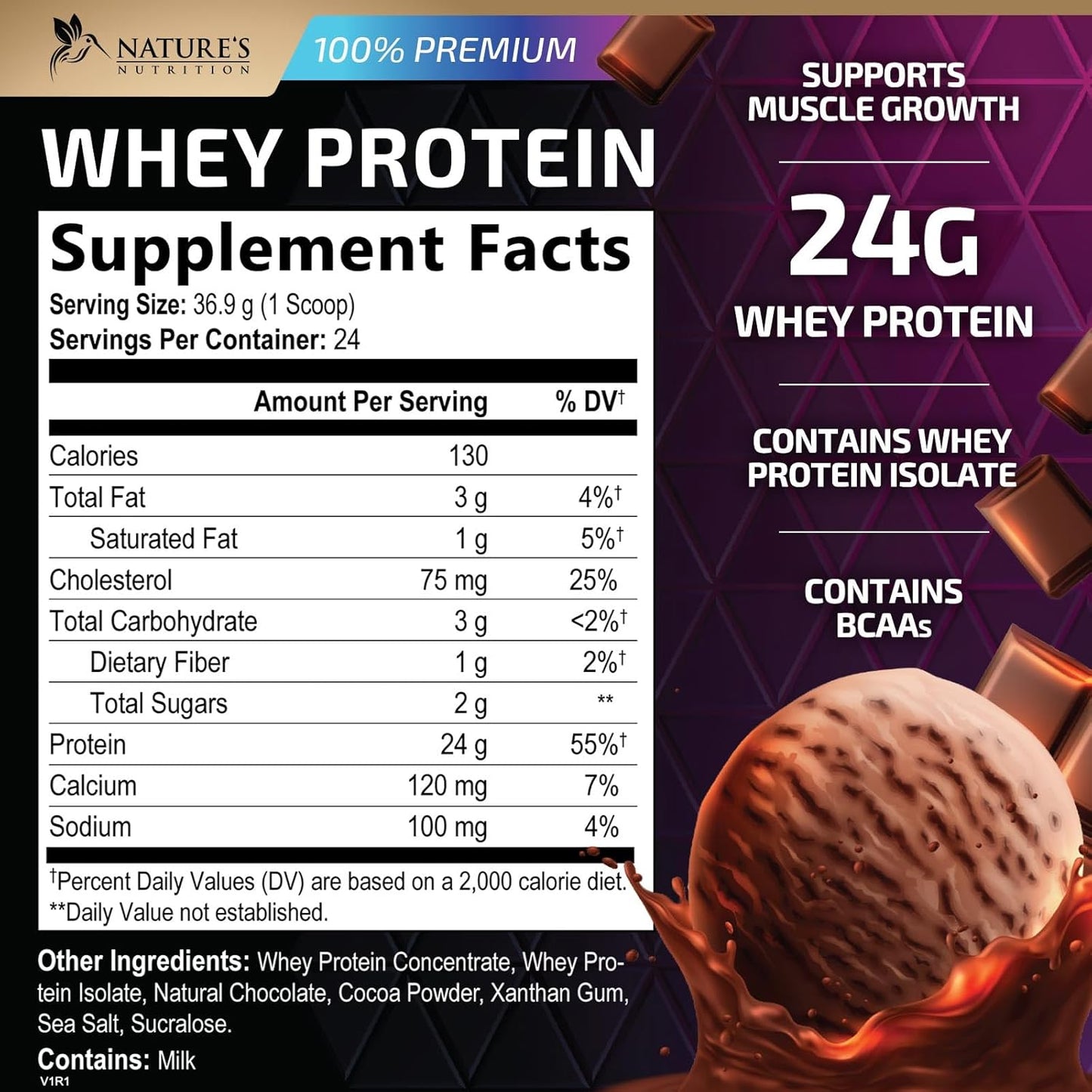 Premium Chocolate Ice Cream Whey Protein Powder - 24g Whey Isolate for Muscle Growth - Fast Absorbing & Digesting - Gluten Free - 24 Servings