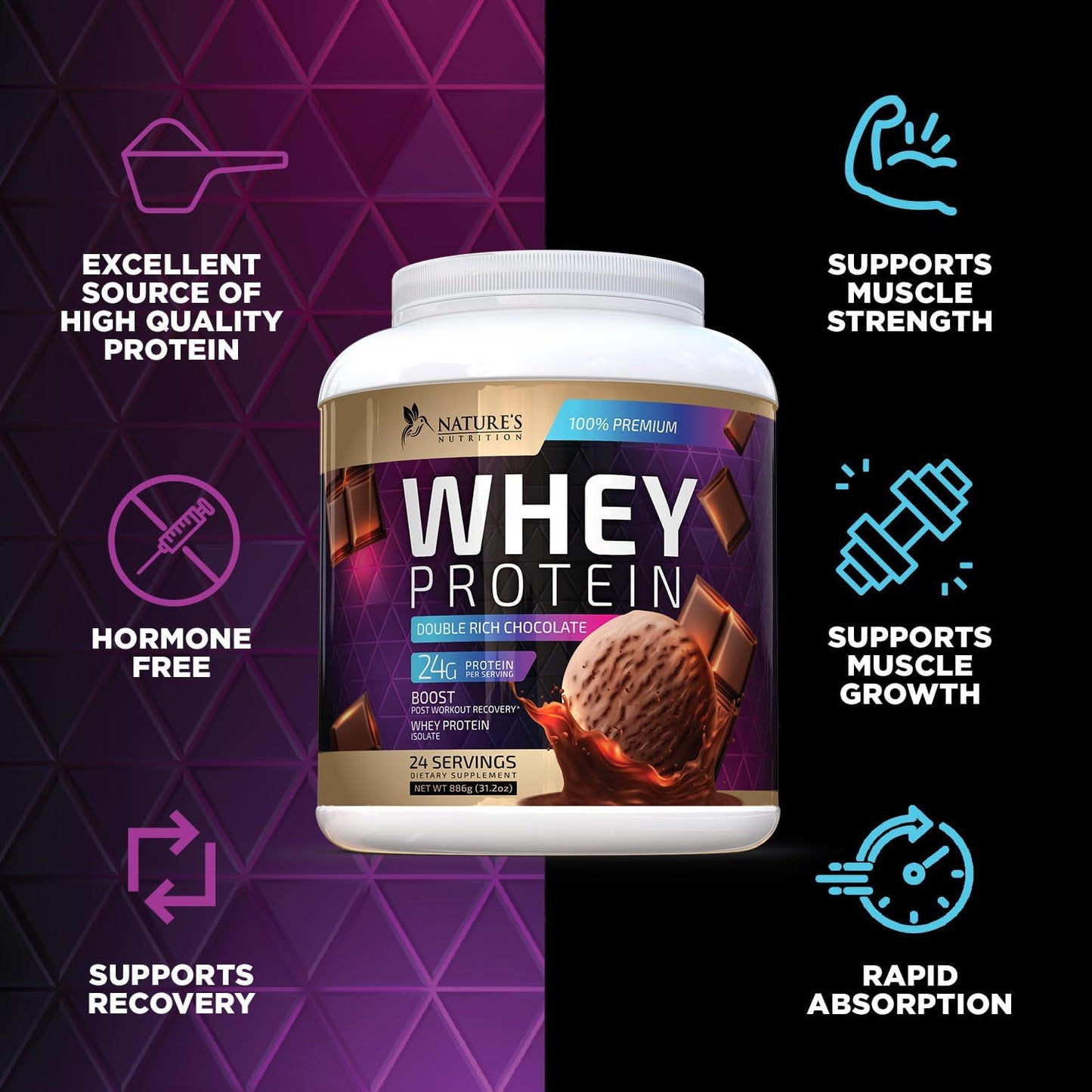 Premium Chocolate Ice Cream Whey Protein Powder - 24g Whey Isolate Protein for Muscle Growth, Fast Absorbing & Gluten Free - 24 Servings for Men and Women by Nature's Nutrition