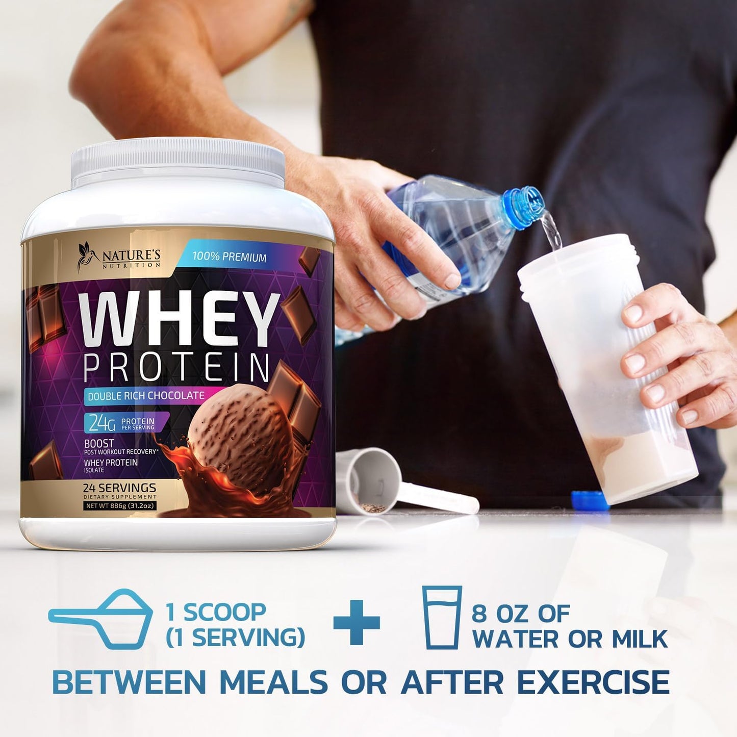 Premium Chocolate Ice Cream Whey Protein Powder - 24g Whey Isolate Protein for Muscle Growth, Fast Absorbing & Gluten Free - 24 Servings for Men and Women by Nature's Nutrition