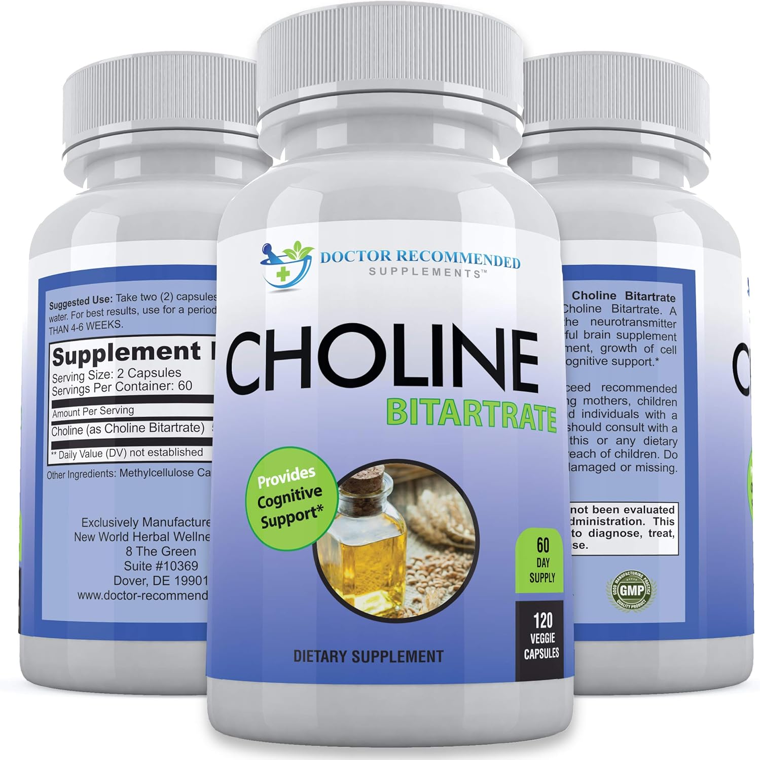 Premium Choline Supplement 500mg - 120 Veggie Capsules for Cognitive Health - Doctor Recommended - 2 Pack