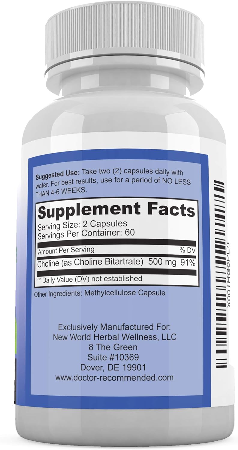 Premium Choline Supplement 500mg - 120 Veggie Capsules for Cognitive Health - Doctor Recommended - 2 Pack