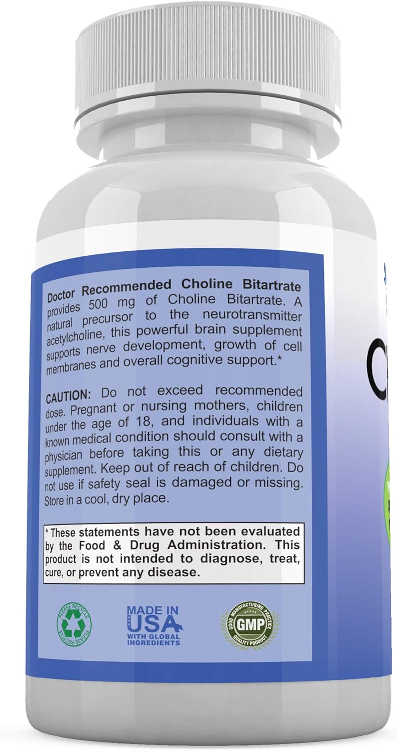 Premium Choline Supplement 500mg - 120 Veggie Capsules for Cognitive Health - Doctor Recommended - 2 Pack