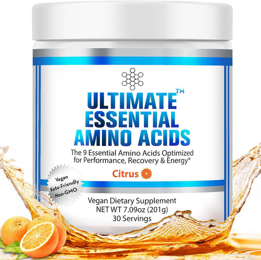 Premium Citrus Flavored Essential Amino Acids Powder with Optimized BCAA Ratio - Increase Energy, Muscle & Recovery - Vegan & Keto - 30 Servings