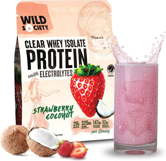 Premium Clear Whey Protein Isolate Powder with Electrolytes - Strawberry Coconut Flavor - 20g Protein, No Added Sugar - Natural Ingredients, GMO-Free - 16 oz