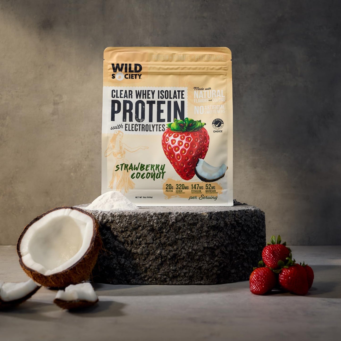 Premium Clear Whey Protein Isolate Powder with Electrolytes - Strawberry Coconut Flavor - 20g Protein, No Added Sugar - Natural Ingredients, GMO-Free - 16 oz