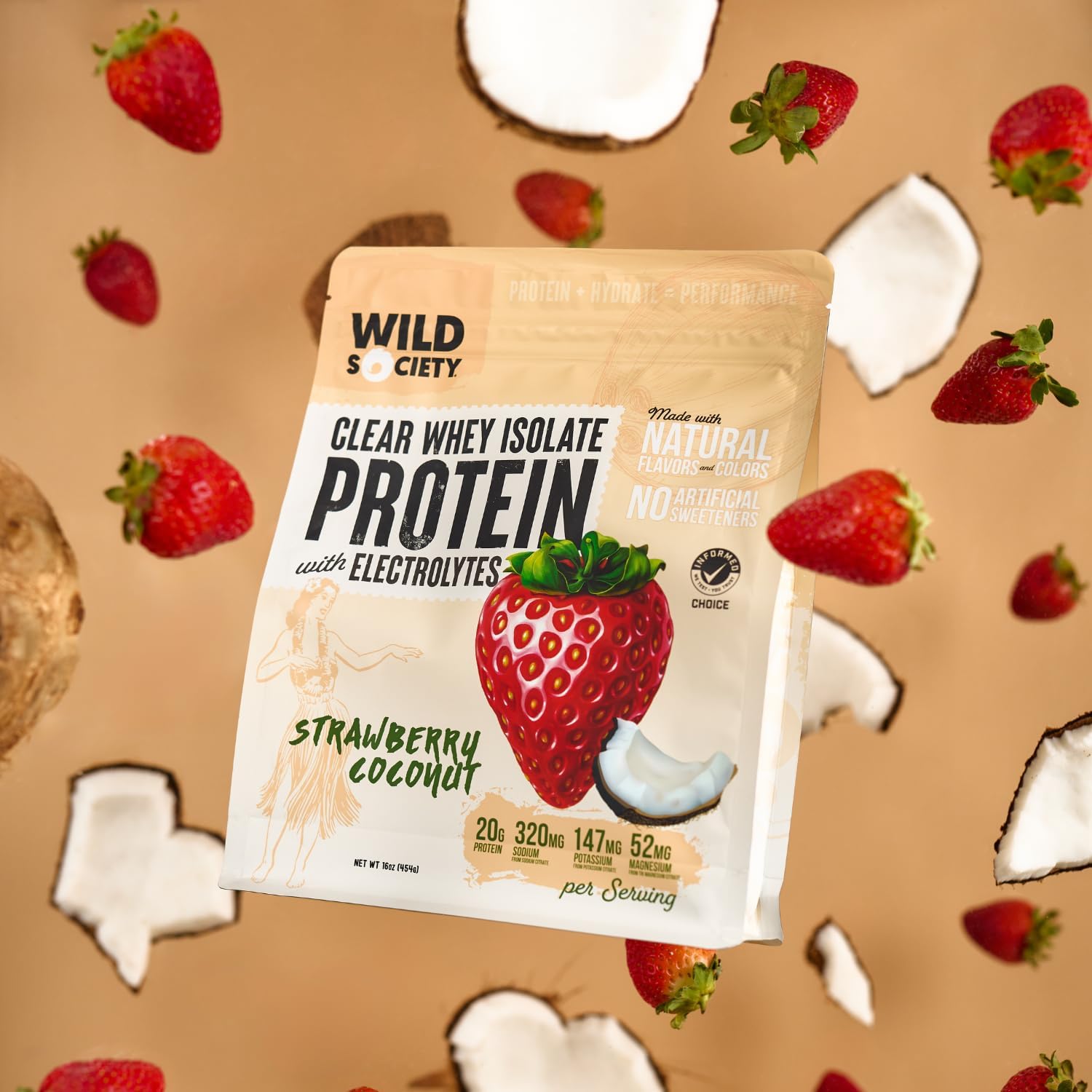 Premium Clear Whey Protein Isolate Powder with Electrolytes - Strawberry Coconut Flavor - 20g Protein, No Added Sugar - Natural Ingredients, GMO-Free - 16 oz
