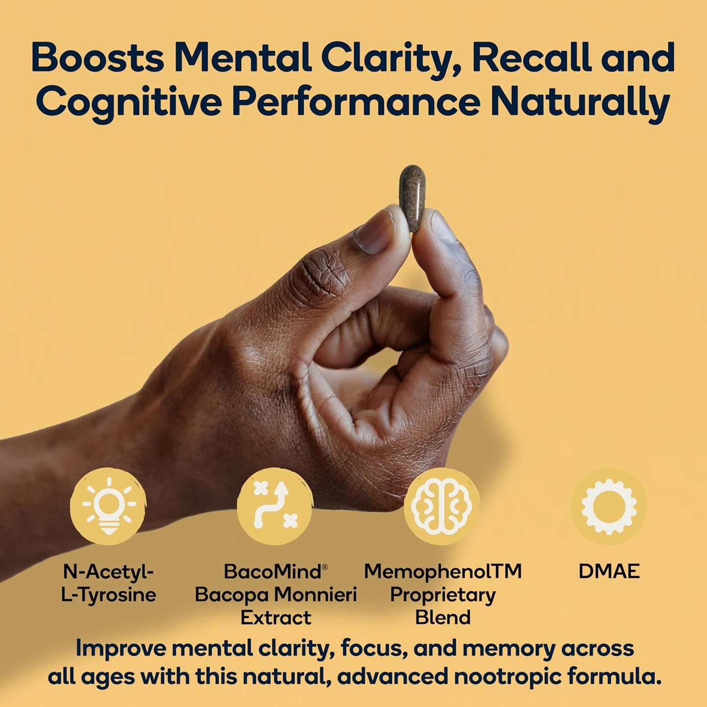 Premium Cognitive Enhancement Supplement with Natural Nootropics - Memophenol, Bacopa, & DMAE - 60 Veggie Capsules - Boost Focus and Memory