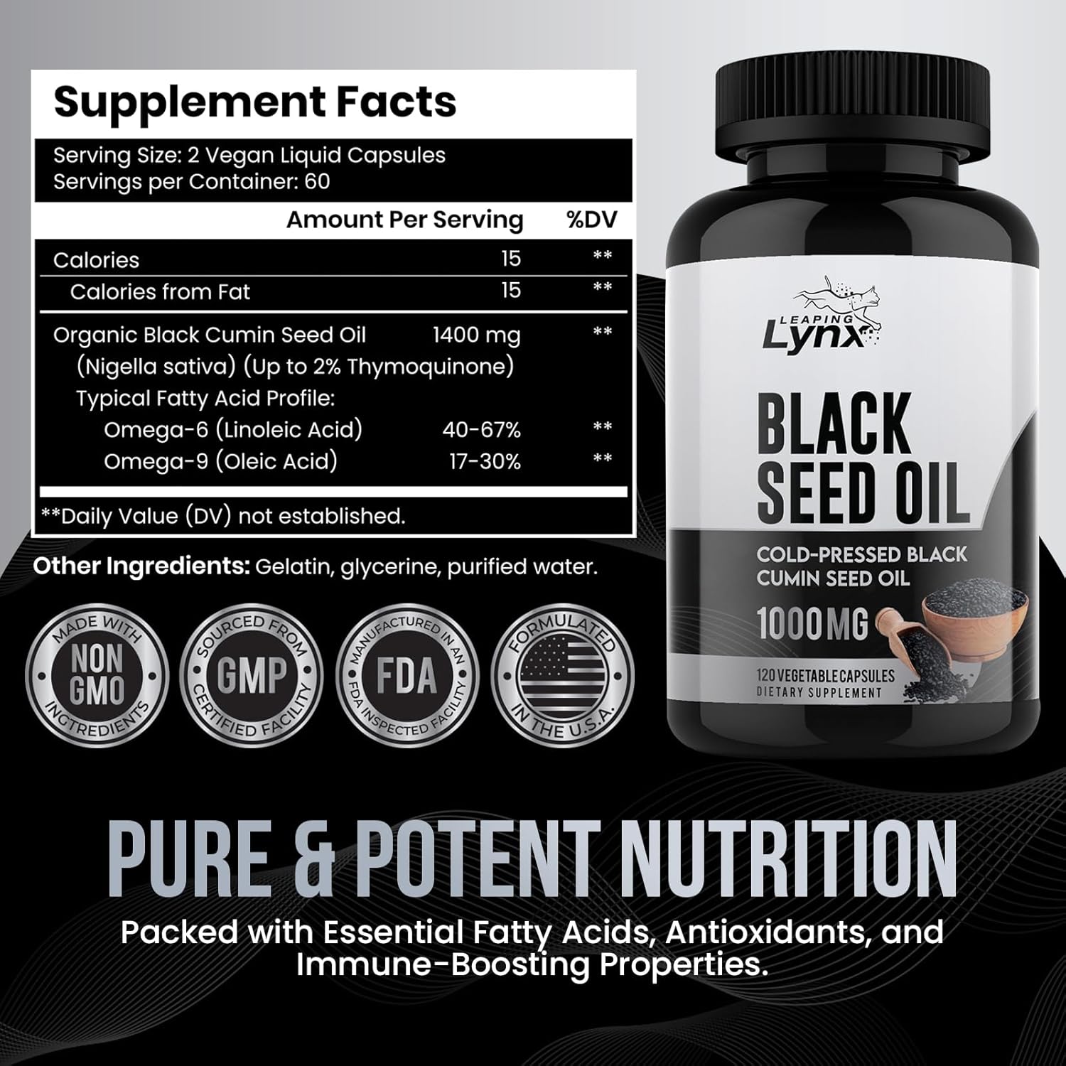 Premium Cold-Pressed Black Seed Oil Capsules - 1000mg with High Thymoquinone, 120 Capsules - Omega-6 & Omega-9 for Immune & Brain Support