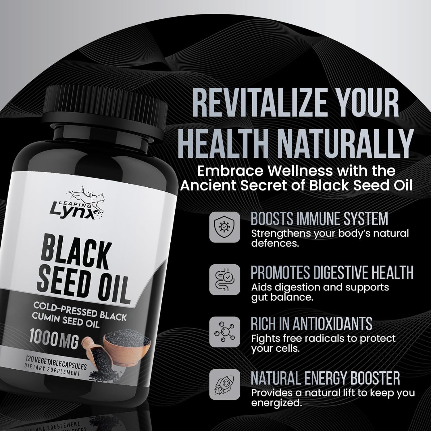 Premium Cold-Pressed Black Seed Oil Capsules - 1000mg with High Thymoquinone, 120 Capsules - Omega-6 & Omega-9 for Immune & Brain Support