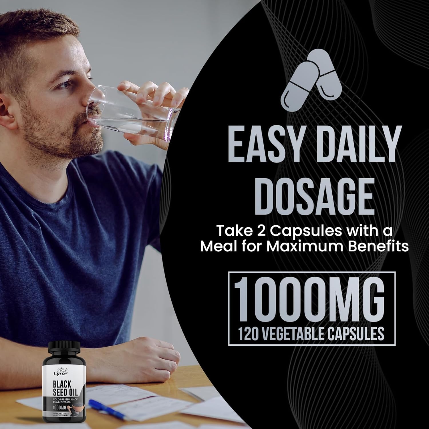 Premium Cold-Pressed Black Seed Oil Capsules - 1000mg with High Thymoquinone, 120 Capsules - Omega-6 & Omega-9 for Immune & Brain Support