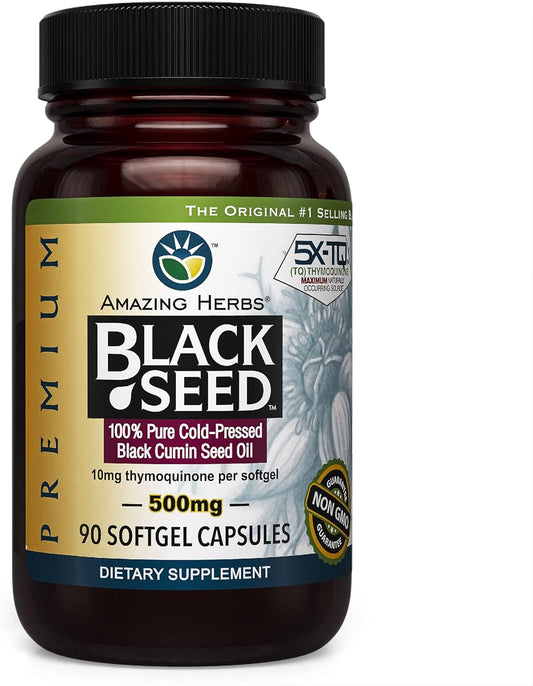 Premium Cold Pressed Black Seed Oil Capsules - Nigella Sativa for Digestive Health, Immune Support, Brain Function - 90 Count, 500mg - Gluten Free, Non GMO