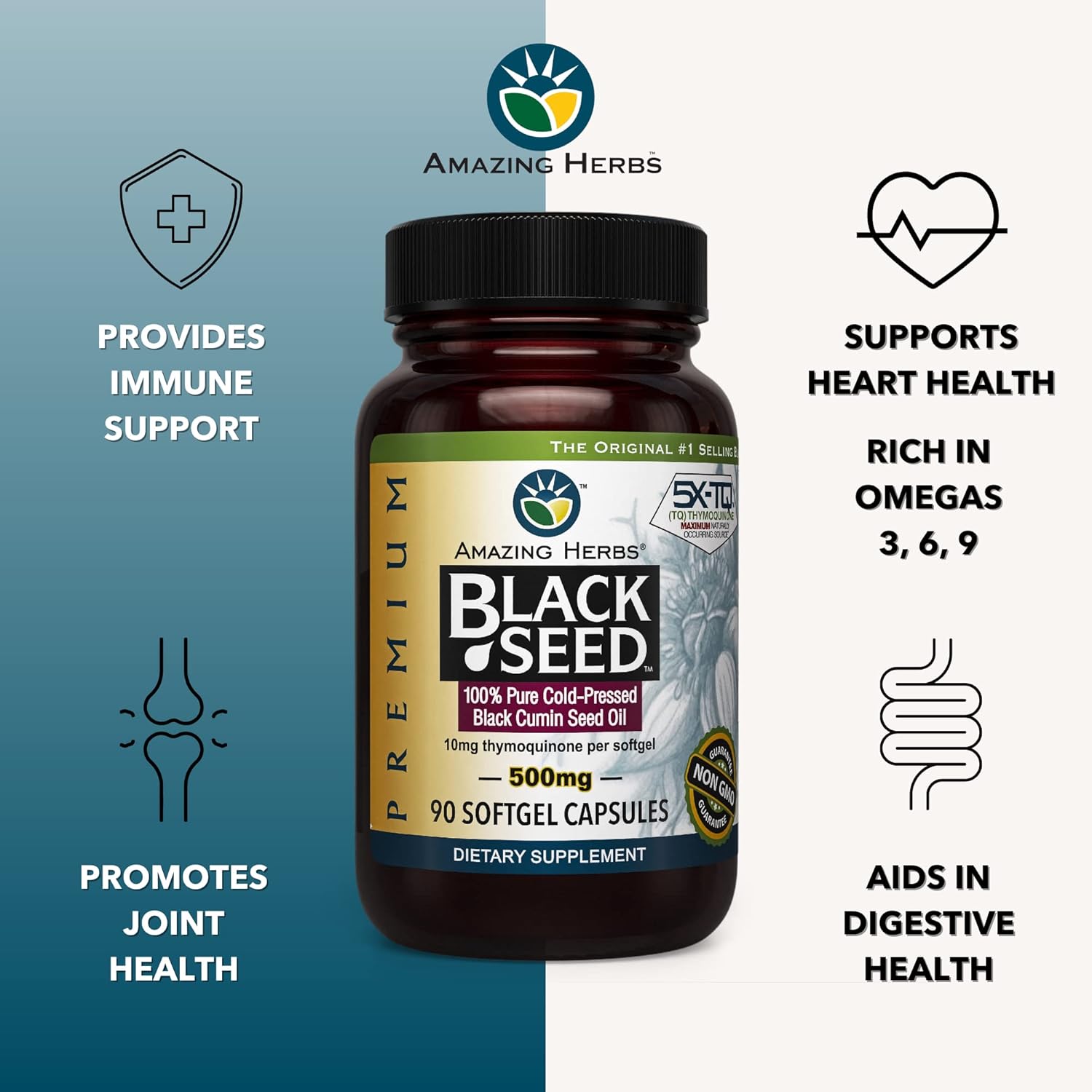 Premium Cold Pressed Black Seed Oil Capsules - Nigella Sativa for Digestive Health, Immune Support, Brain Function - 90 Count, 500mg - Gluten Free, Non GMO