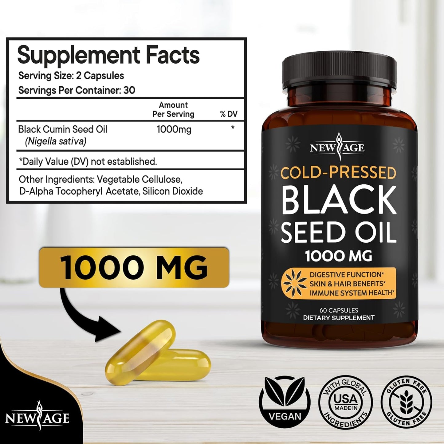 Premium Cold-Pressed Black Seed Oil Capsules - Non-GMO & Vegetarian - 120 Softgels - Pure Nigella Sativa Oil from Black Cumin Seeds