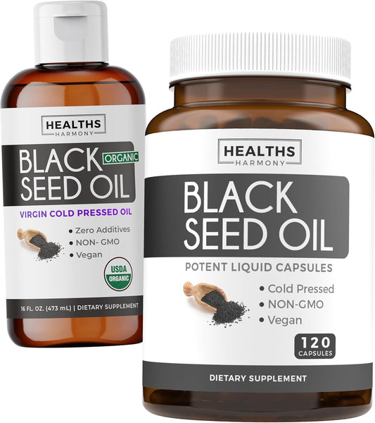 Premium Cold-Pressed Black Seed Oil Liquid & Capsule Combo - 2 Month Supply - Non-GMO Nigella Sativa Oil - Healths Harmony