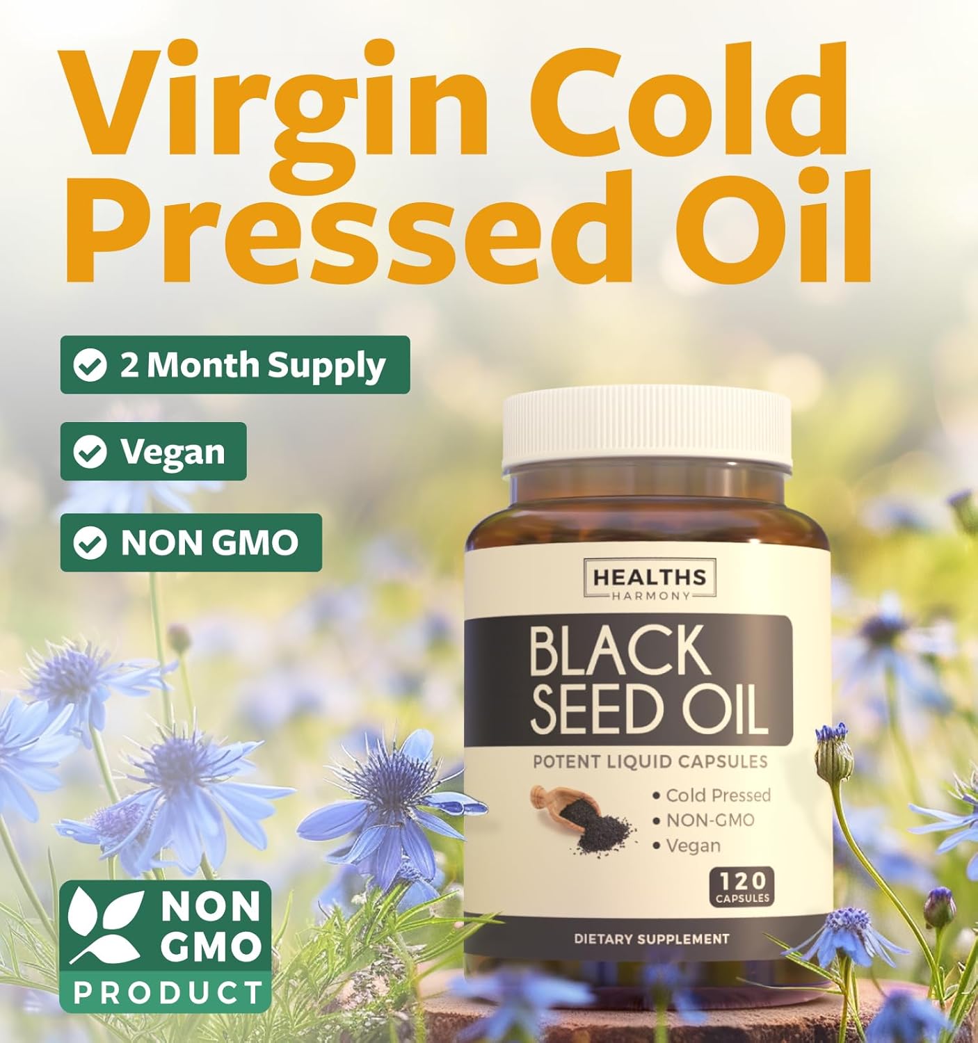 Premium Cold-Pressed Black Seed Oil Liquid & Capsule Combo - 2 Month Supply - Non-GMO Nigella Sativa Oil - Healths Harmony