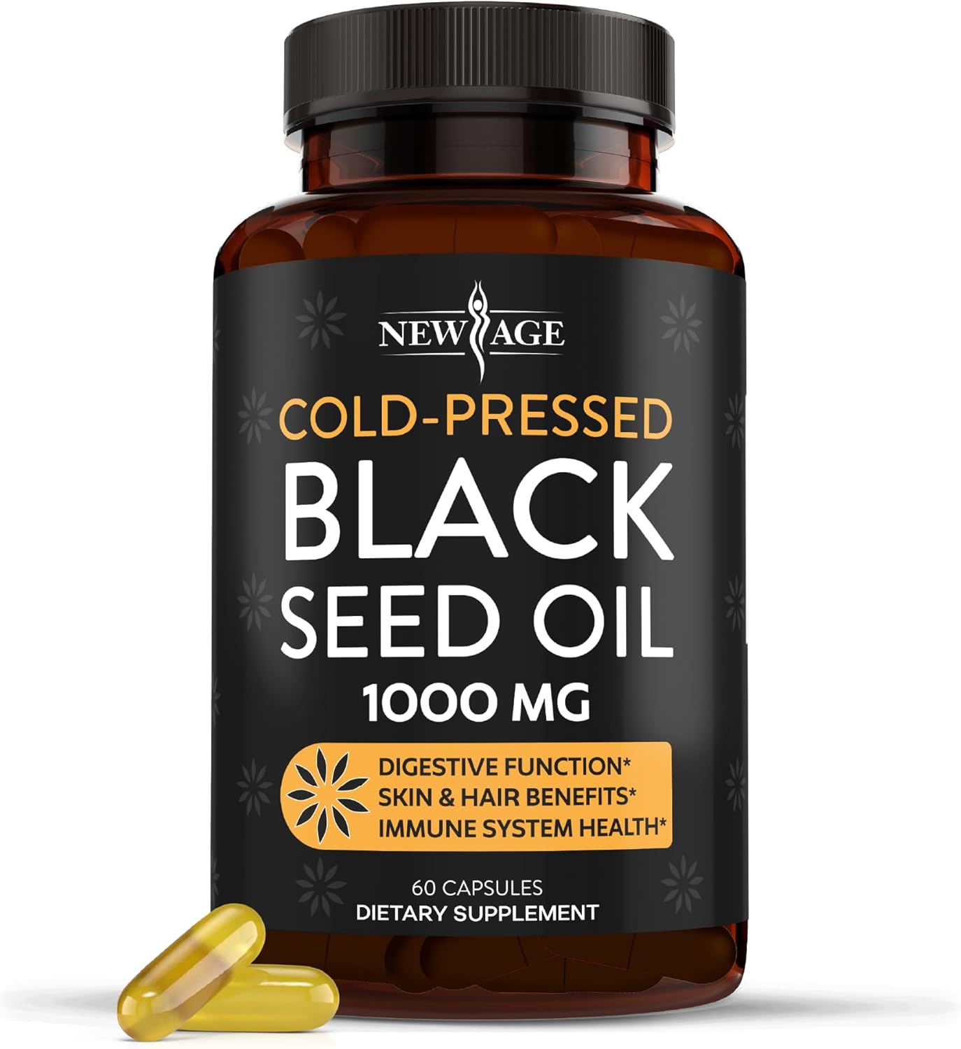 Premium Cold-Pressed Black Seed Oil Softgel Capsules - Non-GMO & Vegetarian (60 Softgels) of Nigella Sativa