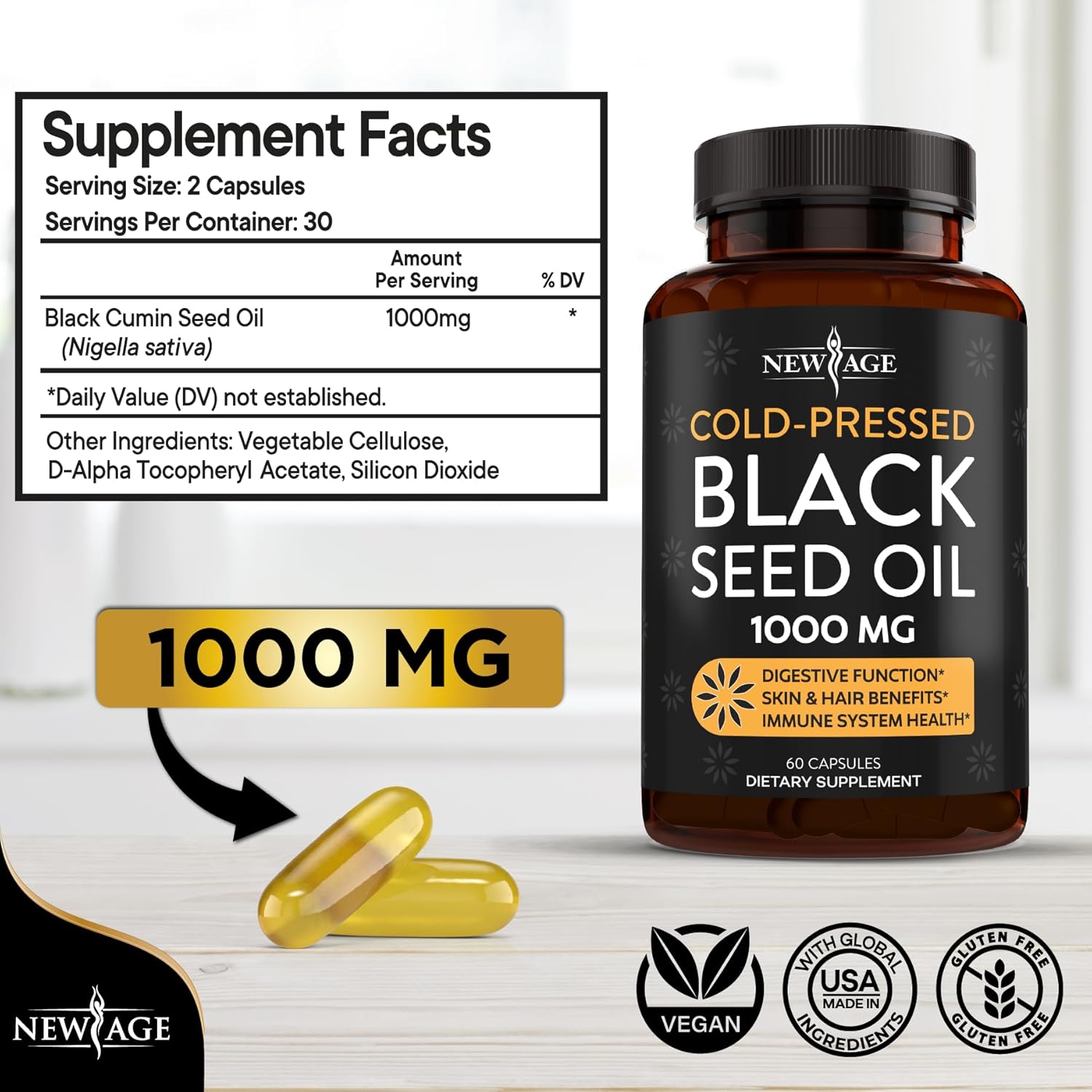Premium Cold-Pressed Black Seed Oil Softgel Capsules - Non-GMO & Vegetarian (60 Softgels) of Nigella Sativa