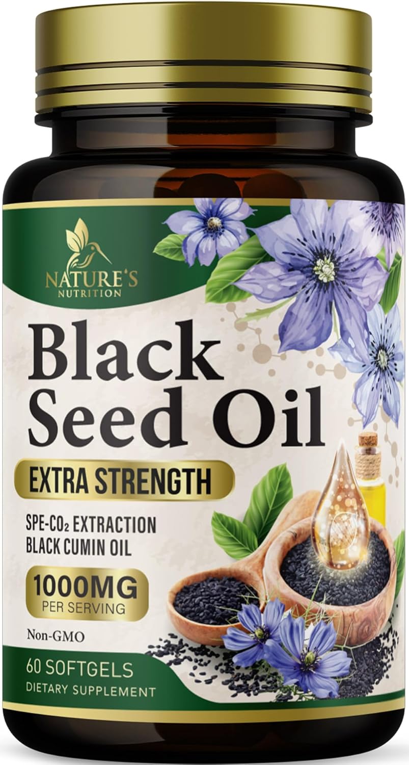 Premium Cold Pressed Black Seed Oil Softgels 1000mg - Pure Nigella Sativa Black Cumin Seed Oil for Skin & Immune Support - Non-GMO Antioxidant Supplement - 60 Softgels