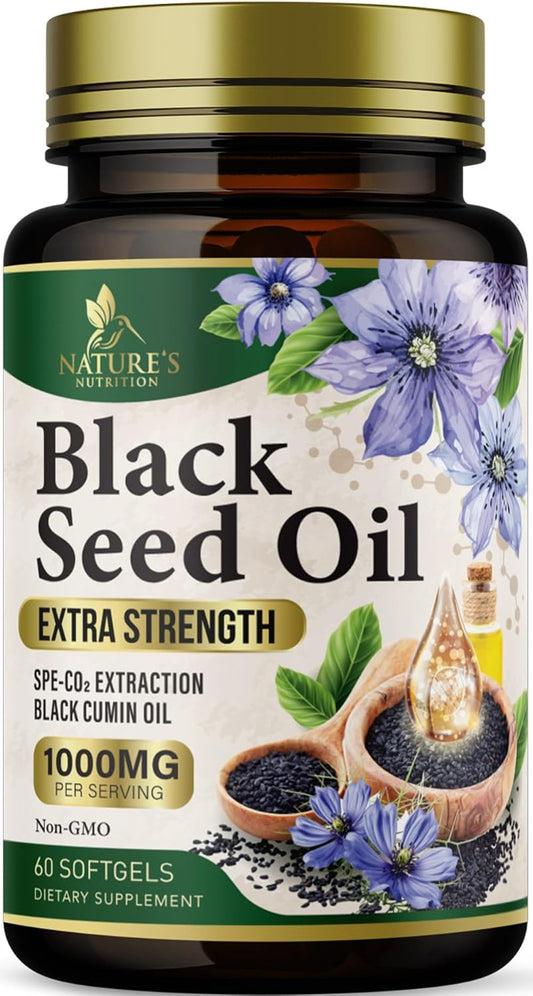 Premium Cold Pressed Black Seed Oil Softgels 1000mg - Pure Nigella Sativa Black Cumin Seed Oil for Skin & Immune Support - Non-GMO Antioxidant Supplement - 60 Softgels