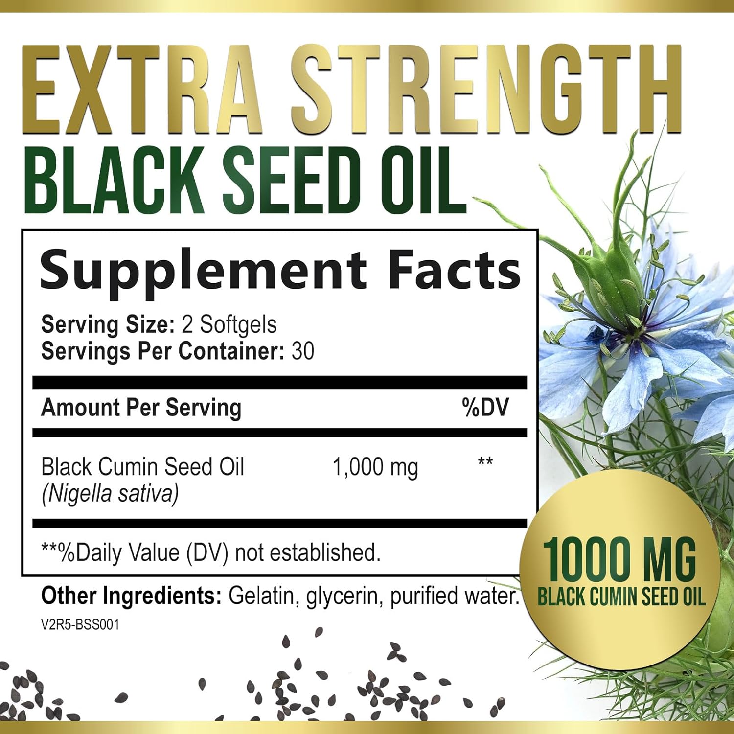Premium Cold Pressed Black Seed Oil Softgels 1000mg - Pure Nigella Sativa Black Cumin Seed Oil for Skin & Immune Support - Non-GMO Antioxidant Supplement - 60 Softgels