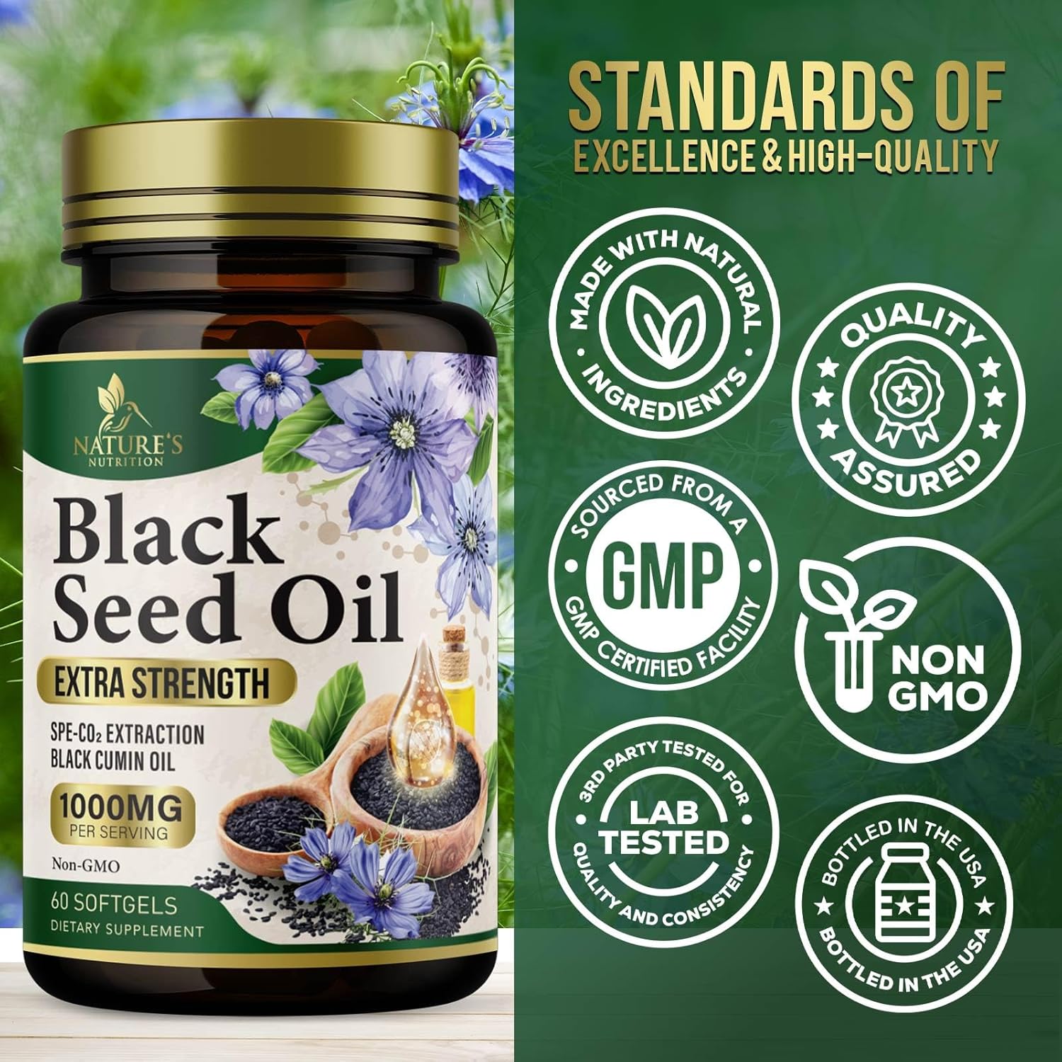 Premium Cold Pressed Black Seed Oil Softgels 1000mg - Pure Nigella Sativa Black Cumin Seed Oil for Skin & Immune Support - Non-GMO Antioxidant Supplement - 60 Softgels