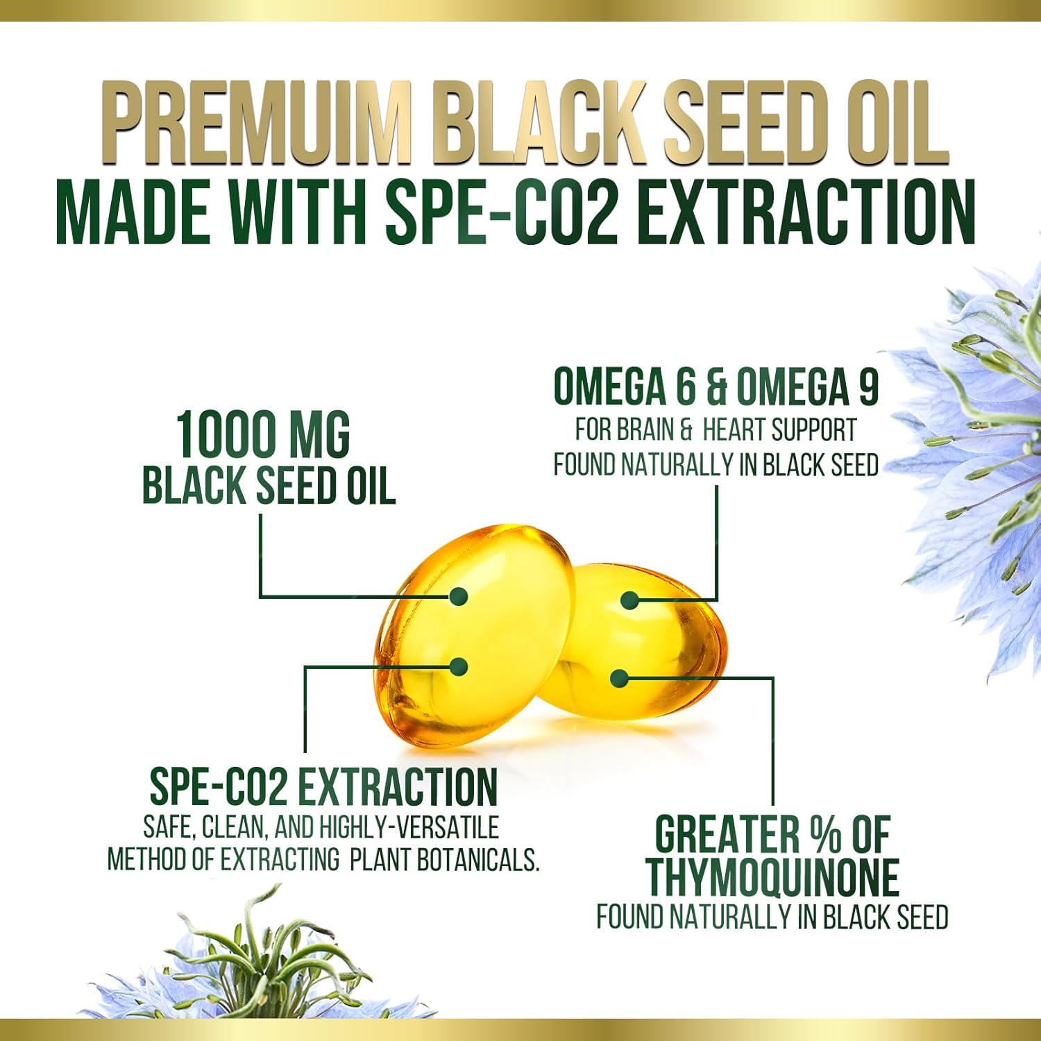 Premium Cold Pressed Black Seed Oil Softgels 1000mg - Pure Nigella Sativa Black Cumin Seed Oil for Skin & Immune Support - Non-GMO Antioxidant Supplement - 60 Softgels