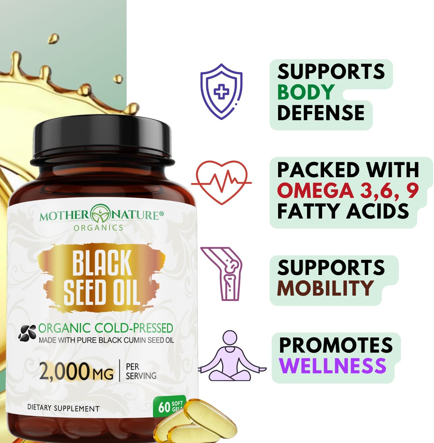 Premium Cold Pressed Organic Turkish Black Seed Oil Capsules - High TQ, Non-GMO, Immune Support & Digestive Health - 60ct
