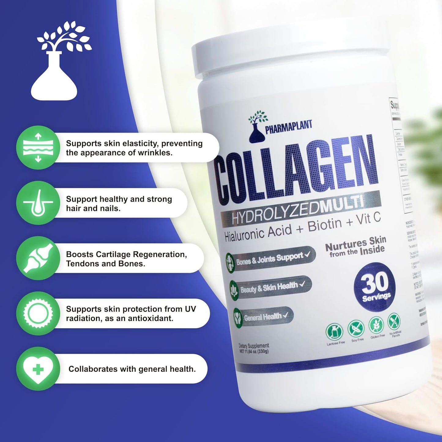 Premium Collagen Hydrolyzed Multi Powder with Hyaluronic Acid, Biotin, and Vitamin C - Skin, Hair, Nails, Joint Health - Grass-Fed, GMO-Free - Keto Friendly - 330g