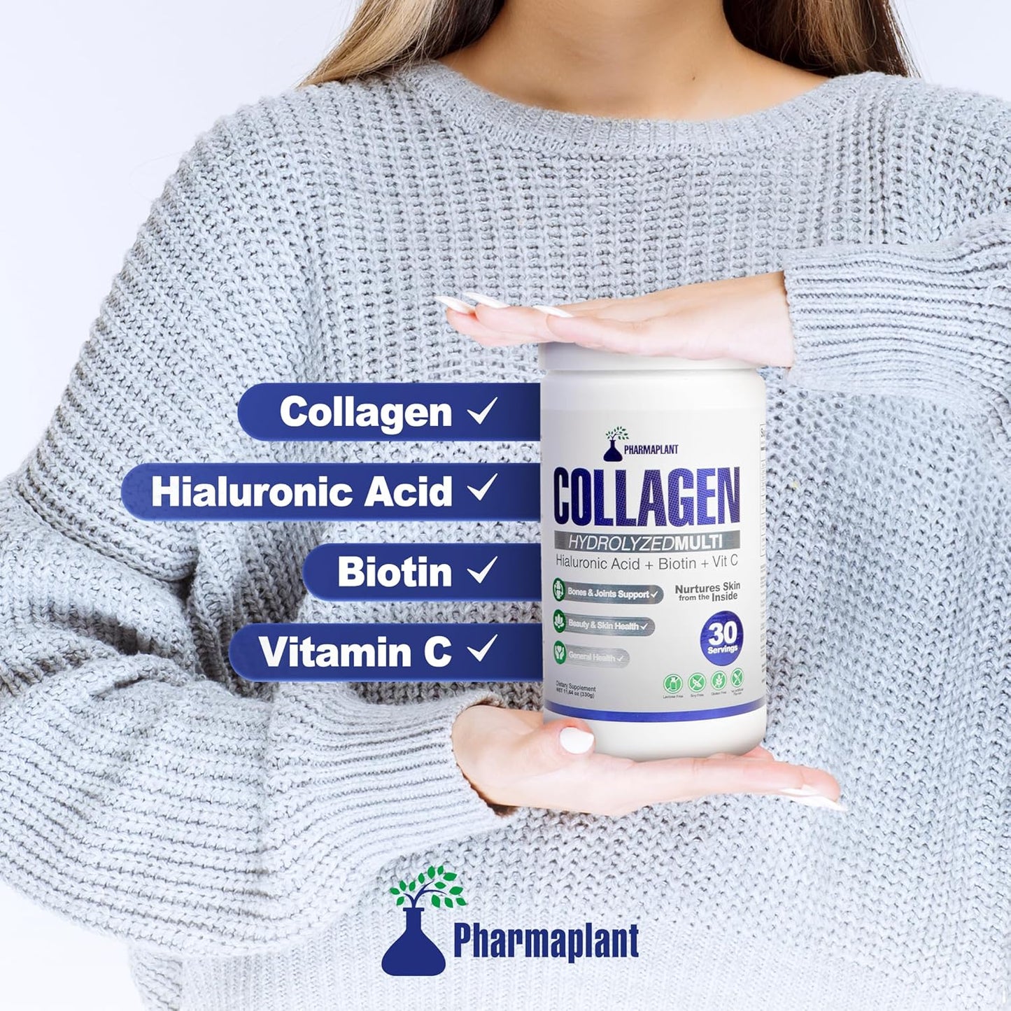 Premium Collagen Hydrolyzed Multi Powder with Hyaluronic Acid, Biotin, and Vitamin C - Skin, Hair, Nails, Joint Health - Grass-Fed, GMO-Free - Keto Friendly - 330g